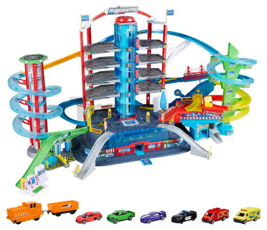Garáž s 2 motorizovanými výťahmi a vláčikom Super City Garage Majorette 7 poschodová so zvukom a svetlom 6 autíčok  128*78*73 cm MJ2009003