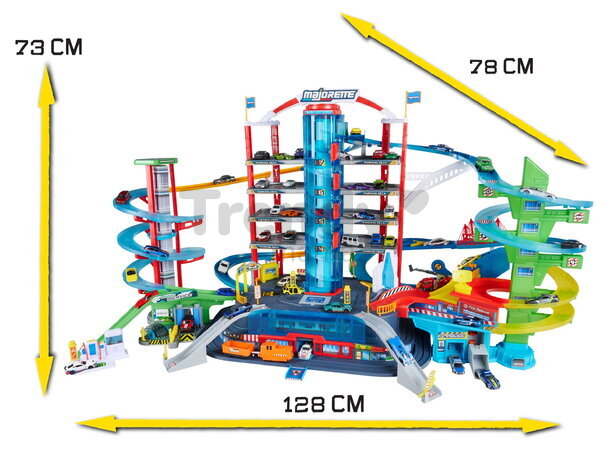 Garáž s 2 motorizovanými výťahmi a vláčikom Super City Garage Majorette 7 poschodová so zvukom a svetlom 6 autíčok  128*78*73 cm MJ2009003