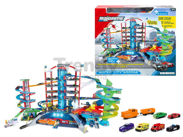 Garáž s 2 motorizovanými výťahmi a vláčikom Super City Garage Majorette 7 poschodová so zvukom a svetlom 6 autíčok  128*78*73 cm MJ2009003