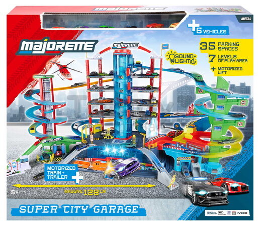 Garáž s 2 motorizovanými výťahmi a vláčikom Super City Garage Majorette 7 poschodová so zvukom a svetlom 6 autíčok  128*78*73 cm MJ2009003