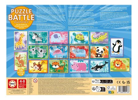 Puzzle Battle zvieratká Animals Junior Educa 16 druhov puzzle 144 dielikov a 16 kariet s obrázkami od 4 rokov