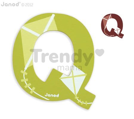 Drevené písmeno Q ABCDeco Janod lepiace 9 cm zelené/hnedé od 3 rokov