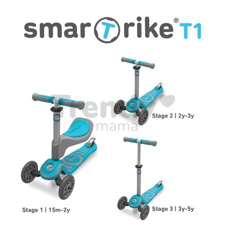 Kolobežka a odrážadlo T1 smarTrike 3v1 s T-lock systémom, nastaviteľným sedadlom a rúčkou šedo-modrá od 15 mes