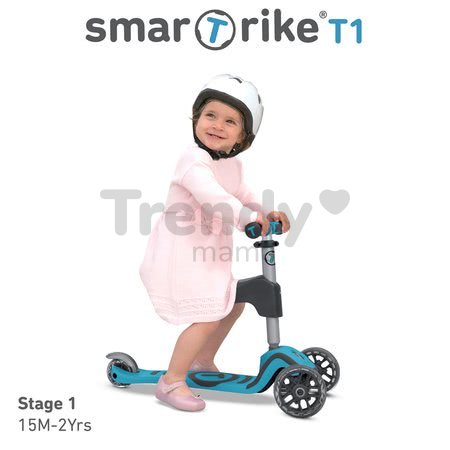 Kolobežka a odrážadlo T1 smarTrike 3v1 s T-lock systémom, nastaviteľným sedadlom a rúčkou šedo-modrá od 15 mes