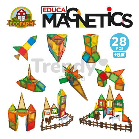 Stavebnica magnetická Ekologická farma Magnetics Eco Farm Educa 28 farebných dielikov s 2 figúrkami zvieratiek
