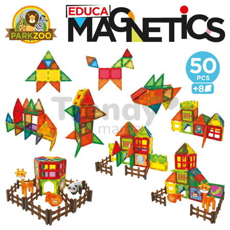 Stavebnica magnetická Zoo Magnetics Park Zoo Educa 50 farebných dielikov so 4 figúrkami zvieratiek
