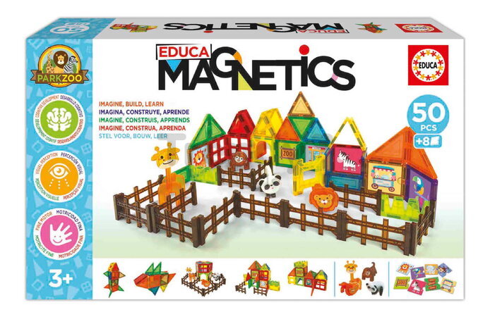 Stavebnica magnetická Zoo Magnetics Park Zoo Educa 50 farebných dielikov so 4 figúrkami zvieratiek