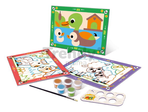 Maľovanie podľa čísiel Farma Magic Art Number Farm Educa 3 obrázky s 5 farbami štetcom a paletou od 4 rokov