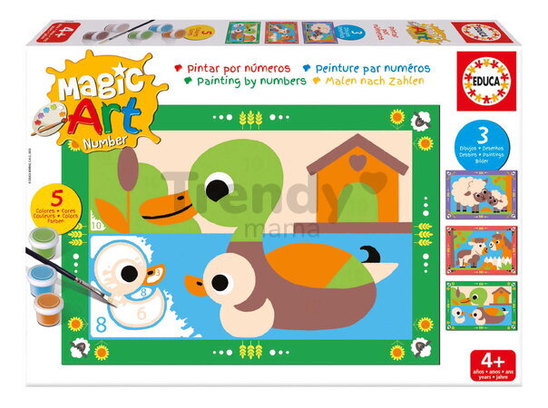 Maľovanie podľa čísiel Farma Magic Art Number Farm Educa 3 obrázky s 5 farbami štetcom a paletou od 4 rokov