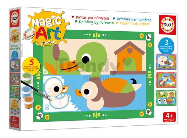 Maľovanie podľa čísiel Farma Magic Art Number Farm Educa 3 obrázky s 5 farbami štetcom a paletou od 4 rokov