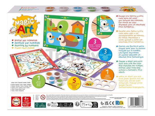 Maľovanie podľa čísiel Farma Magic Art Number Farm Educa 3 obrázky s 5 farbami štetcom a paletou od 4 rokov