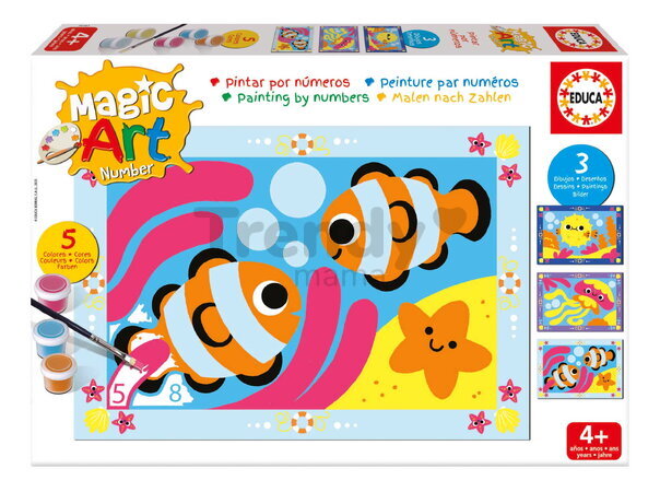 Maľovanie podľa čísiel More Magic Art Number Under The Sea Educa 3 obrázky s 5 farbami štetcom a paletou od 4 rokov