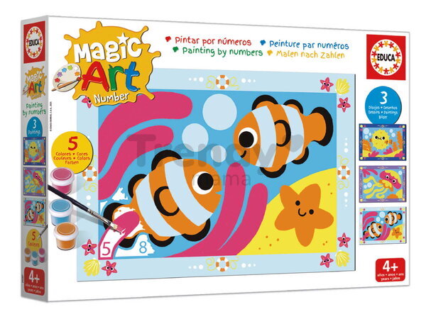 Maľovanie podľa čísiel More Magic Art Number Under The Sea Educa 3 obrázky s 5 farbami štetcom a paletou od 4 rokov