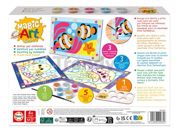 Maľovanie podľa čísiel More Magic Art Number Under The Sea Educa 3 obrázky s 5 farbami štetcom a paletou od 4 rokov