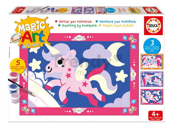 Maľovanie podľa čísiel Jednorožci Magic Art Number Unicorns Educa 3 obrázky s 5 farbami štetcom a paletou od 4 rokov