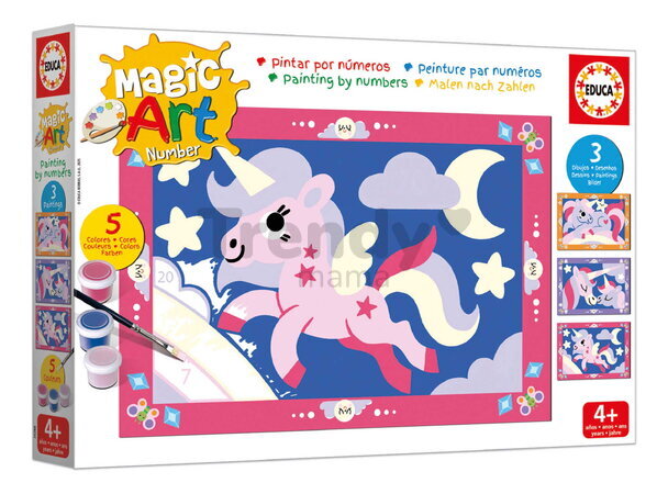 Maľovanie podľa čísiel Jednorožci Magic Art Number Unicorns Educa 3 obrázky s 5 farbami štetcom a paletou od 4 rokov
