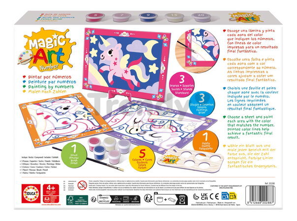 Maľovanie podľa čísiel Jednorožci Magic Art Number Unicorns Educa 3 obrázky s 5 farbami štetcom a paletou od 4 rokov