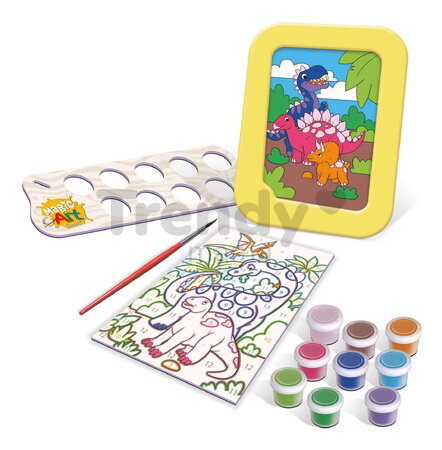 Maľovanie podľa čísiel Svet dinosaurov Magic Art Number Dinosaurs Educa 2 obrázky s rámikom a 9 farieb so štetcom a paletou od 6 rokov