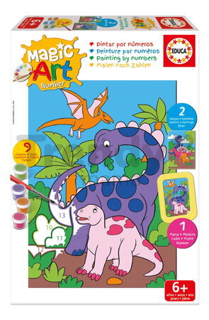 Maľovanie podľa čísiel Svet dinosaurov Magic Art Number Dinosaurs Educa 2 obrázky s rámikom a 9 farieb so štetcom a paletou od 6 rokov
