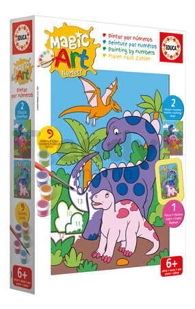 Maľovanie podľa čísiel Svet dinosaurov Magic Art Number Dinosaurs Educa 2 obrázky s rámikom a 9 farieb so štetcom a paletou od 6 rokov