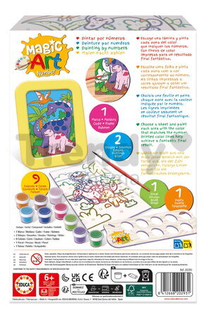 Maľovanie podľa čísiel Svet dinosaurov Magic Art Number Dinosaurs Educa 2 obrázky s rámikom a 9 farieb so štetcom a paletou od 6 rokov