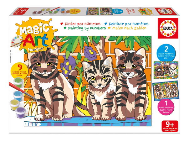 Maľovanie podľa čísiel Šteniatka a mačičky Magic Art Number Cats & Dogs Educa 2 obrázky s rámikom a 9 farieb so štetcom a paletou od 9 rokov