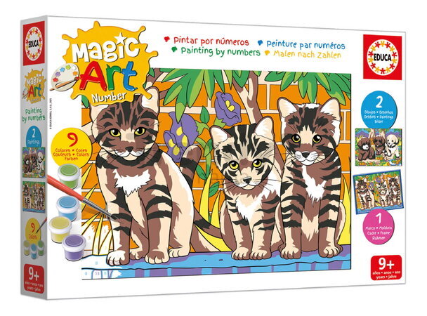 Maľovanie podľa čísiel Šteniatka a mačičky Magic Art Number Cats & Dogs Educa 2 obrázky s rámikom a 9 farieb so štetcom a paletou od 9 rokov