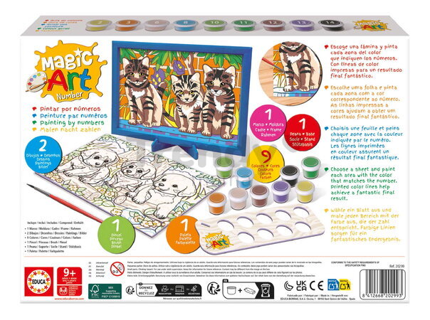 Maľovanie podľa čísiel Šteniatka a mačičky Magic Art Number Cats & Dogs Educa 2 obrázky s rámikom a 9 farieb so štetcom a paletou od 9 rokov