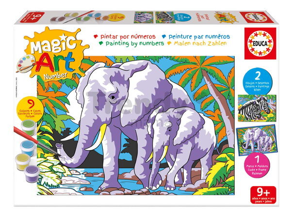 Maľovanie podľa čísiel Divoké zvieratá Magic Art Number Wild Animals Educa 2 obrázky s rámikom a 9 farieb so štetcom a paletou od 9 rokov