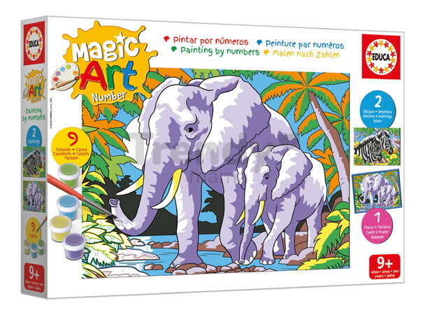 Maľovanie podľa čísiel Divoké zvieratá Magic Art Number Wild Animals Educa 2 obrázky s rámikom a 9 farieb so štetcom a paletou od 9 rokov
