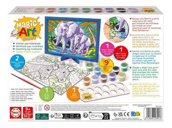 Maľovanie podľa čísiel Divoké zvieratá Magic Art Number Wild Animals Educa 2 obrázky s rámikom a 9 farieb so štetcom a paletou od 9 rokov