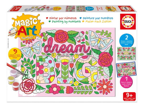 Maľovanie podľa čísiel Kvety Magic Art Number Flowers Educa 2 obrázky s rámikom a 9 farieb so štetcom a paletou od 9 rokov