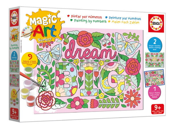 Maľovanie podľa čísiel Kvety Magic Art Number Flowers Educa 2 obrázky s rámikom a 9 farieb so štetcom a paletou od 9 rokov