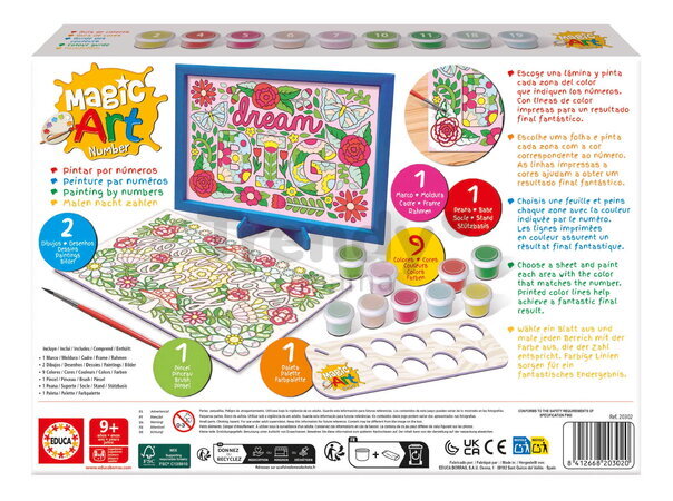 Maľovanie podľa čísiel Kvety Magic Art Number Flowers Educa 2 obrázky s rámikom a 9 farieb so štetcom a paletou od 9 rokov