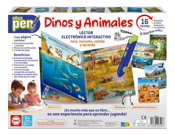 Náučná hra s interaktívnym perom Dinosaury a zvieratá Pen Educa so zvukom 8 stránok so 16 témami od 5 rokov v španielčine