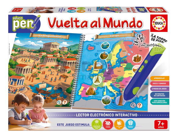 Náučná hra s interaktívnym perom Okolo sveta Around the World Pen Educa so zvukom 8 stránok so 16 témami od 7 rokov v španielčine