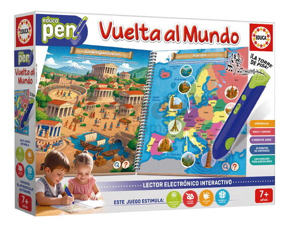 Náučná hra s interaktívnym perom Okolo sveta Around the World Pen Educa so zvukom 8 stránok so 16 témami od 7 rokov v španielčine
