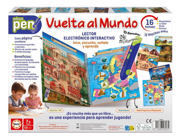 Náučná hra s interaktívnym perom Okolo sveta Around the World Pen Educa so zvukom 8 stránok so 16 témami od 7 rokov v španielčine