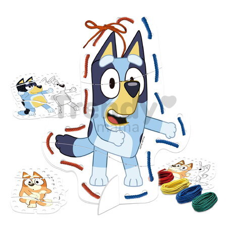 Puzzle prevliekačka Lacing with Bluey Educa 4 obrázky so 4 farebnými šnúrkami od 3 rokov EDU20399