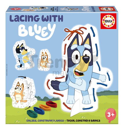 Puzzle prevliekačka Lacing with Bluey Educa 4 obrázky so 4 farebnými šnúrkami od 3 rokov EDU20399