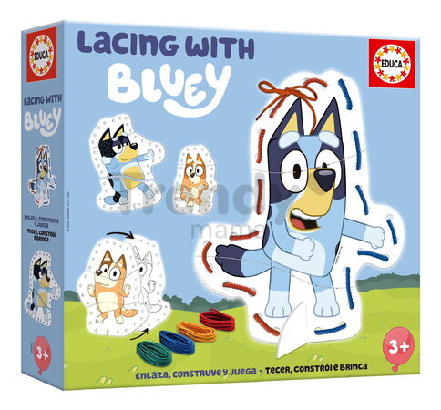 Puzzle prevliekačka Lacing with Bluey Educa 4 obrázky so 4 farebnými šnúrkami od 3 rokov EDU20399