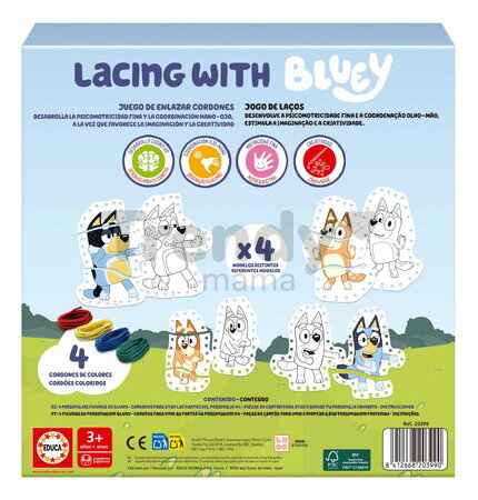 Puzzle prevliekačka Lacing with Bluey Educa 4 obrázky so 4 farebnými šnúrkami od 3 rokov EDU20399