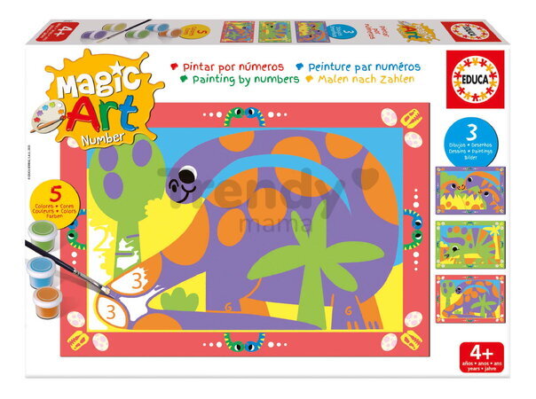 Maľovanie podľa čísiel Dinosaury Magic Art Number Dinosaurs Educa 3 obrázky s 5 farbami štetcom a paletou od 4 rokov
