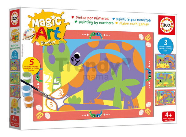 Maľovanie podľa čísiel Dinosaury Magic Art Number Dinosaurs Educa 3 obrázky s 5 farbami štetcom a paletou od 4 rokov