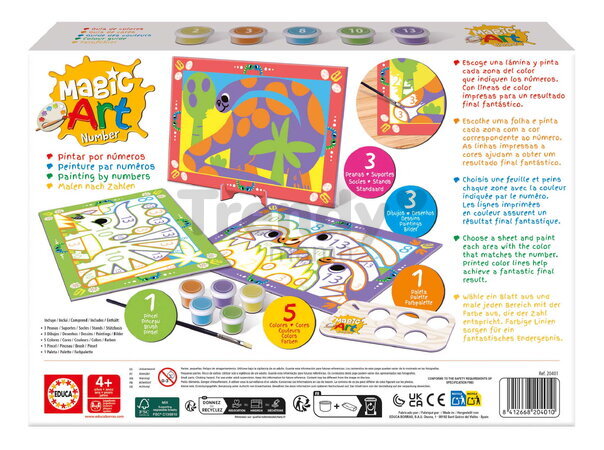 Maľovanie podľa čísiel Dinosaury Magic Art Number Dinosaurs Educa 3 obrázky s 5 farbami štetcom a paletou od 4 rokov