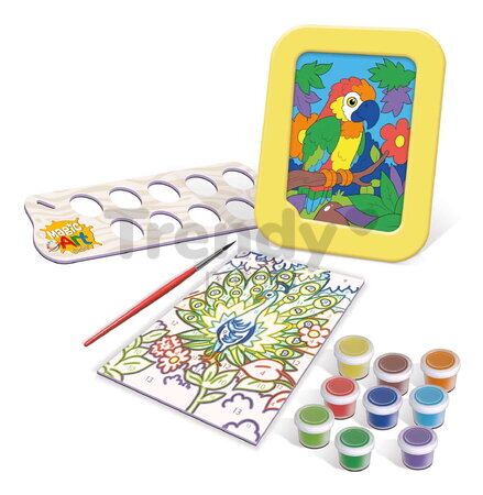 Maľovanie podľa čísiel Papagáj a páv Magic Art Number Peacock & Parrot Educa 2 obrázky s rámikom a 9 farieb so štetcom a paletou od 6 rokov