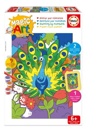 Maľovanie podľa čísiel Papagáj a páv Magic Art Number Peacock & Parrot Educa 2 obrázky s rámikom a 9 farieb so štetcom a paletou od 6 rokov