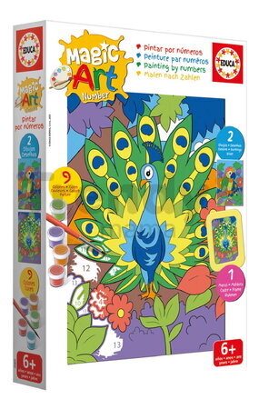 Maľovanie podľa čísiel Papagáj a páv Magic Art Number Peacock & Parrot Educa 2 obrázky s rámikom a 9 farieb so štetcom a paletou od 6 rokov