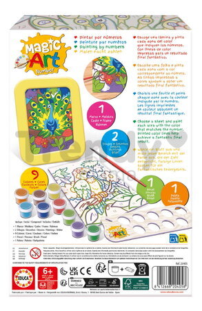 Maľovanie podľa čísiel Papagáj a páv Magic Art Number Peacock & Parrot Educa 2 obrázky s rámikom a 9 farieb so štetcom a paletou od 6 rokov