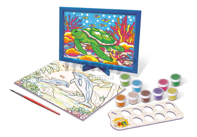 Maľovanie podľa čísiel Morské živočíchy Magic Art Number Marine Animals Educa 2 obrázky s rámikom a 9 farieb so štetcom a paletou od 9 rokov